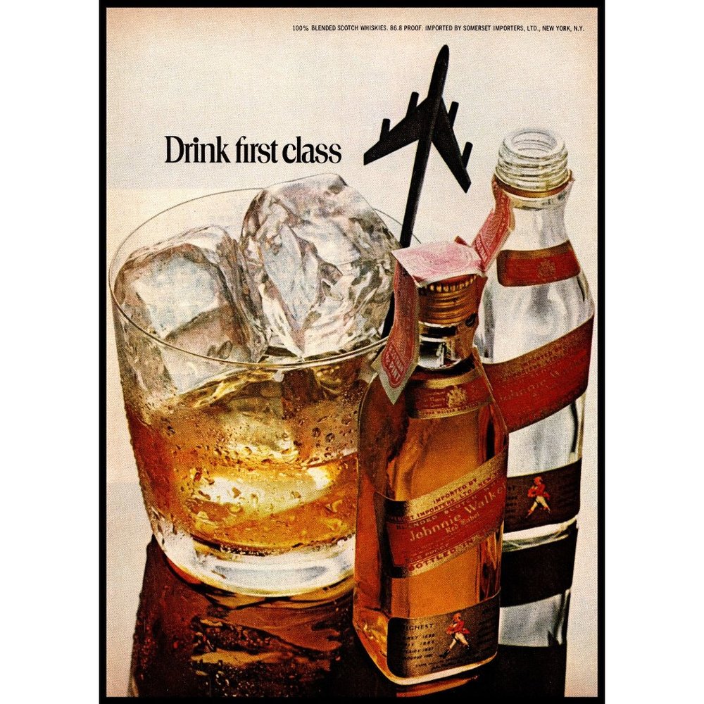 1972 Johnnie Walker Red Label Scotch Vintage Print Ad First Class Jet Wall Art